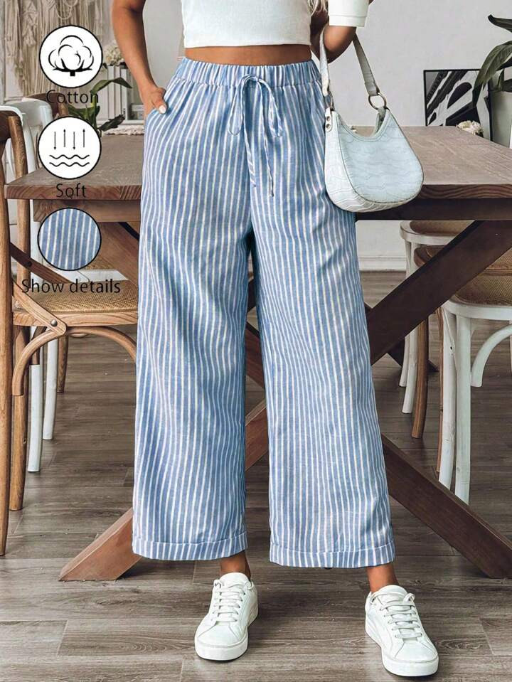 SHEIN VCAY Women's Old Money Style Striped Wide-Leg Belted Daily Wear Casual Straight Pants,Old M... | SHEIN