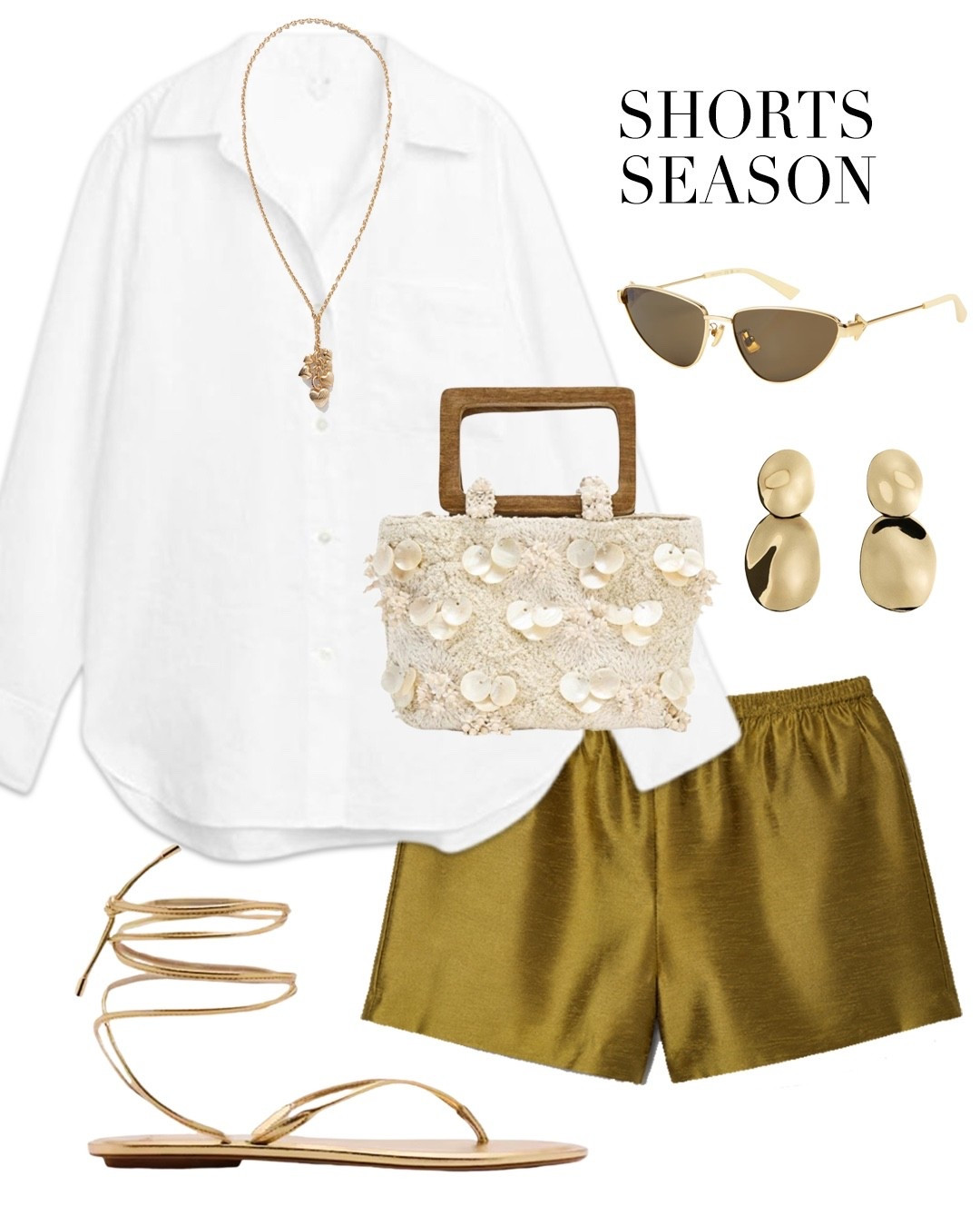 White linen shirt gold tie up sandals embellished summer bag gold oversized earrings resort wear date night vacation evening outfit

#LTKsummer #LTKuk #LTKeurope