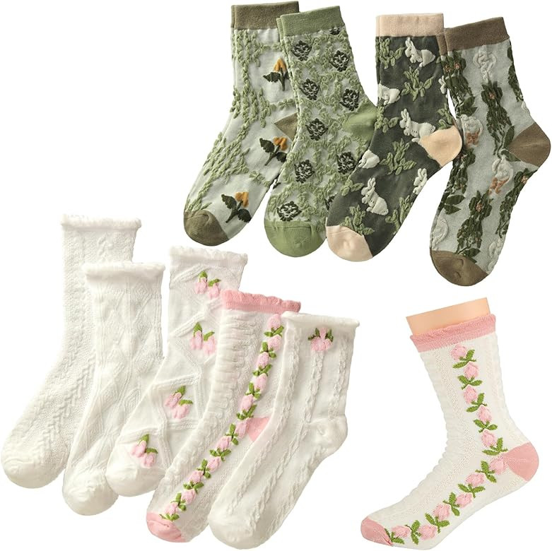 Coume 9 Pairs Cute Floral Socks Coquette Flower Socks Cottagecore Frilly Fancy Cotton Socks Casua... | Amazon (US)