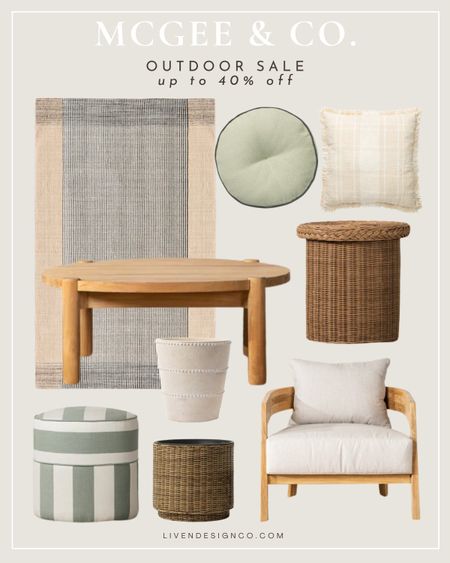 McGee and Co outdoor sale. Patio furniture. Outdoor coffee table. Lounge patio chair. Outdoor sofa. Outdoor throw. Outdoor striped pillow. Planter. Fiberstone. Outdoor decor. Spring decor. Outdoor woven rug. Patio side table. Wicker side table. Outdoor ottoman. 

#LTKSeasonal #LTKhome #LTKsalealert