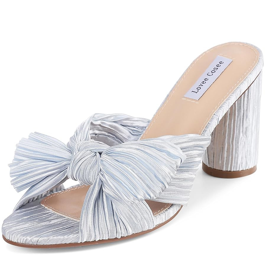 Lovee Cosee Women's Bow Knot Heeled Sandals Pleated Open Toe Ankle Strap Chunky Heels for Bride W... | Amazon (US)