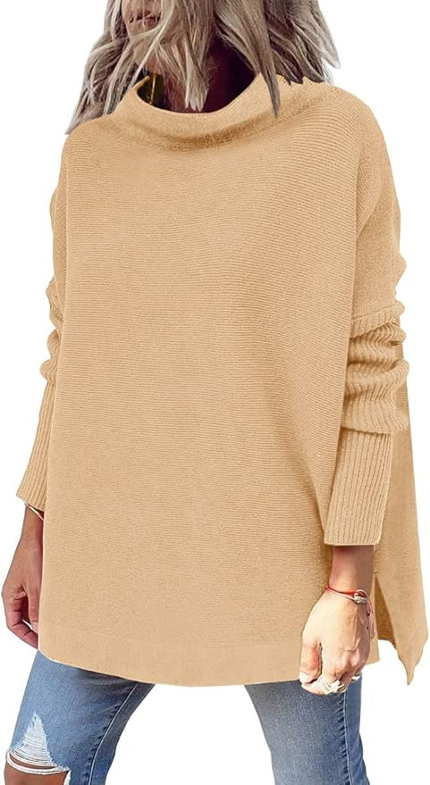 LILLUSORY Women's Mock Turtleneck Casual Oversized Sweater Long Batwing Sleeve Split Hem Ribbed K... | Amazon (US)