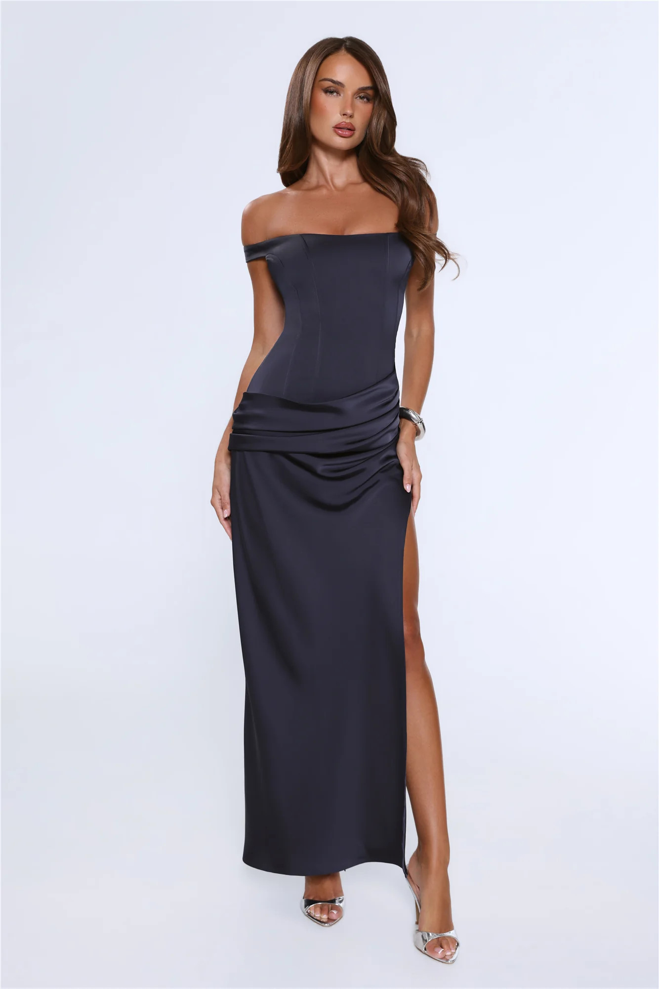 The After Party Off Shoulder Satin Maxi Dress Navy | Hello Molly (US)