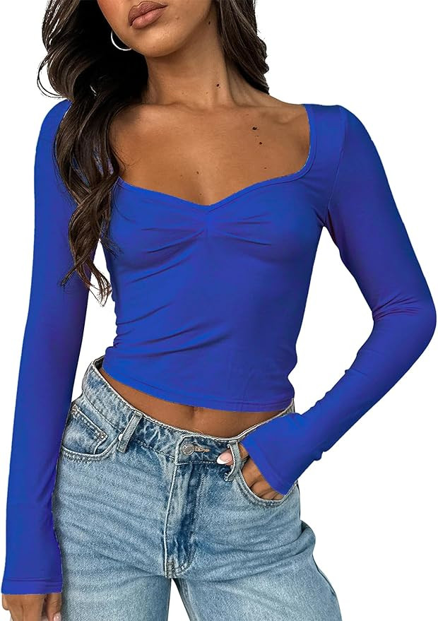 Women's Long Sleeve Going Out Crop Top Sexy Pleated Trendy Shirt Sweetheart Neck Y2K Ruched Cropp... | Amazon (US)