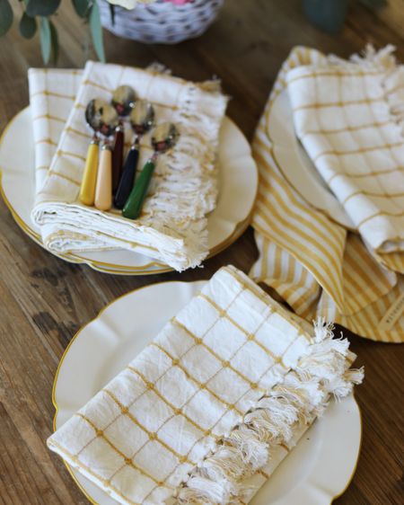 summer table top! cloth napkins scalloped plates striped tea towel yellow 

#LTKhome #LTKfindsunder100 #LTKfindsunder50
