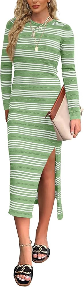WIHOLL Women's Long Sleeve Midi Dress Slim Fit Striped Knit Side Slit Bodycon Fall Sweater Dresse... | Amazon (US)