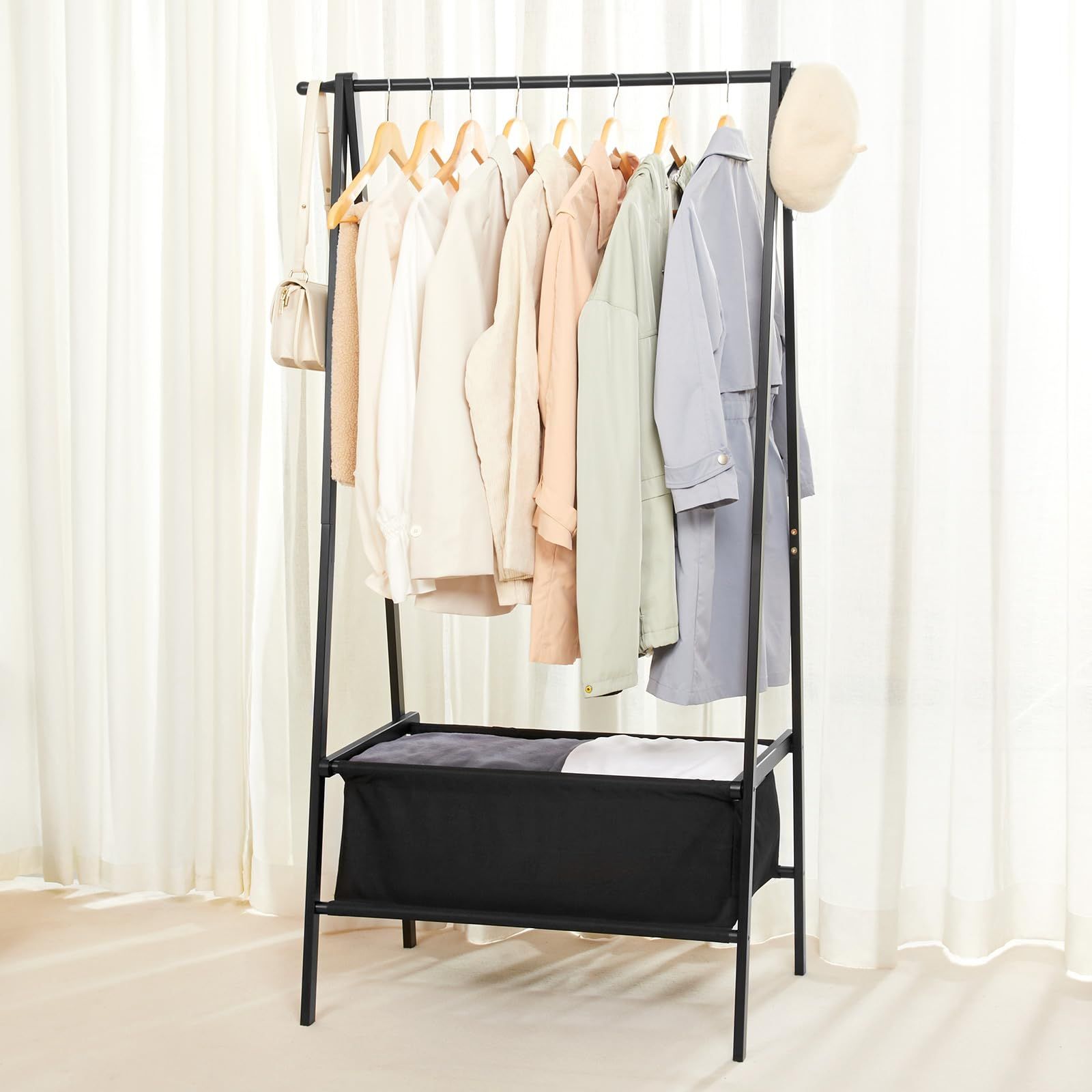 Bamboo Clothes Rack with Storage Box, Garment Rack Clothing Racks for Hanging Clothes, Foldable W... | Amazon (US)