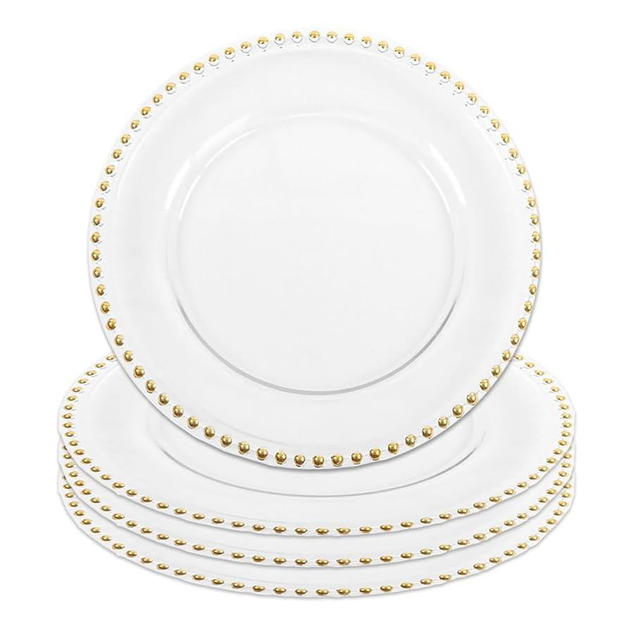 Koyal Wholesale 12.5" Round Clear Glass Gold Beaded Couture Charger Plate, 4-pack | Amazon (US)