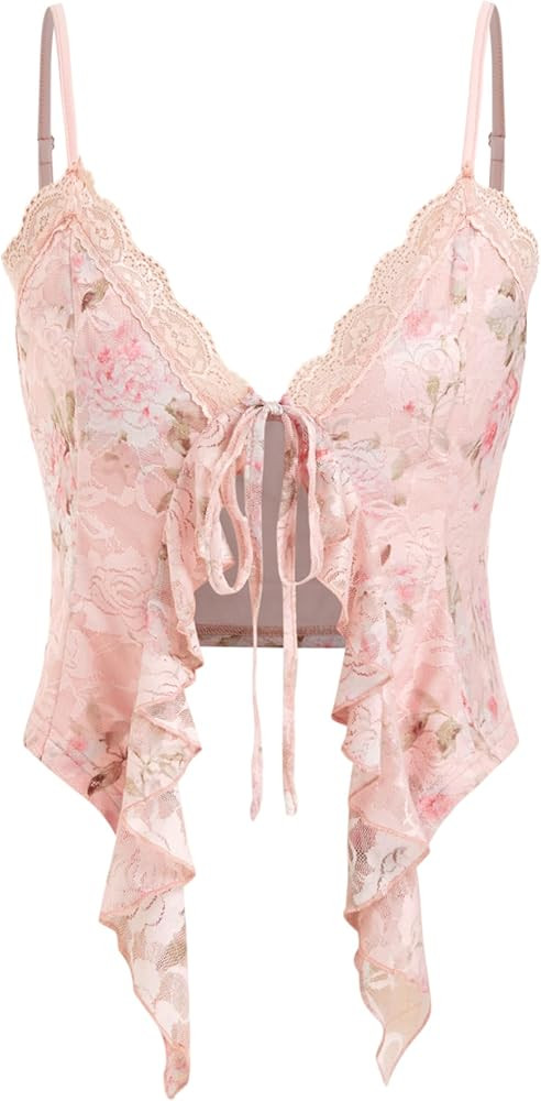 CIDER Going Out Tops for Women Y2K Tie Front Asymmetrical Ruffle Hem Lace Spaghetti Strap Cowgirl... | Amazon (US)