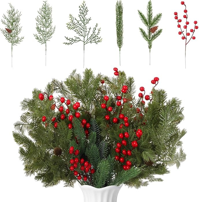 153 Pcs 13.4 Inch Large Christmas Artificial Pine Branches with Red Berries Stems Artificial Gree... | Amazon (US)