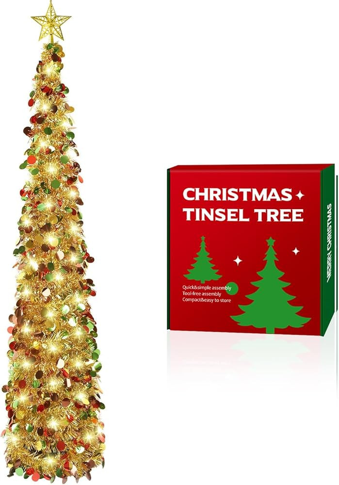 SURCVIO 5FT Pop Up Christmas Tinsel Tree with 2 Modes 50 LED Lights and Colorful Sequins Ornament... | Amazon (US)