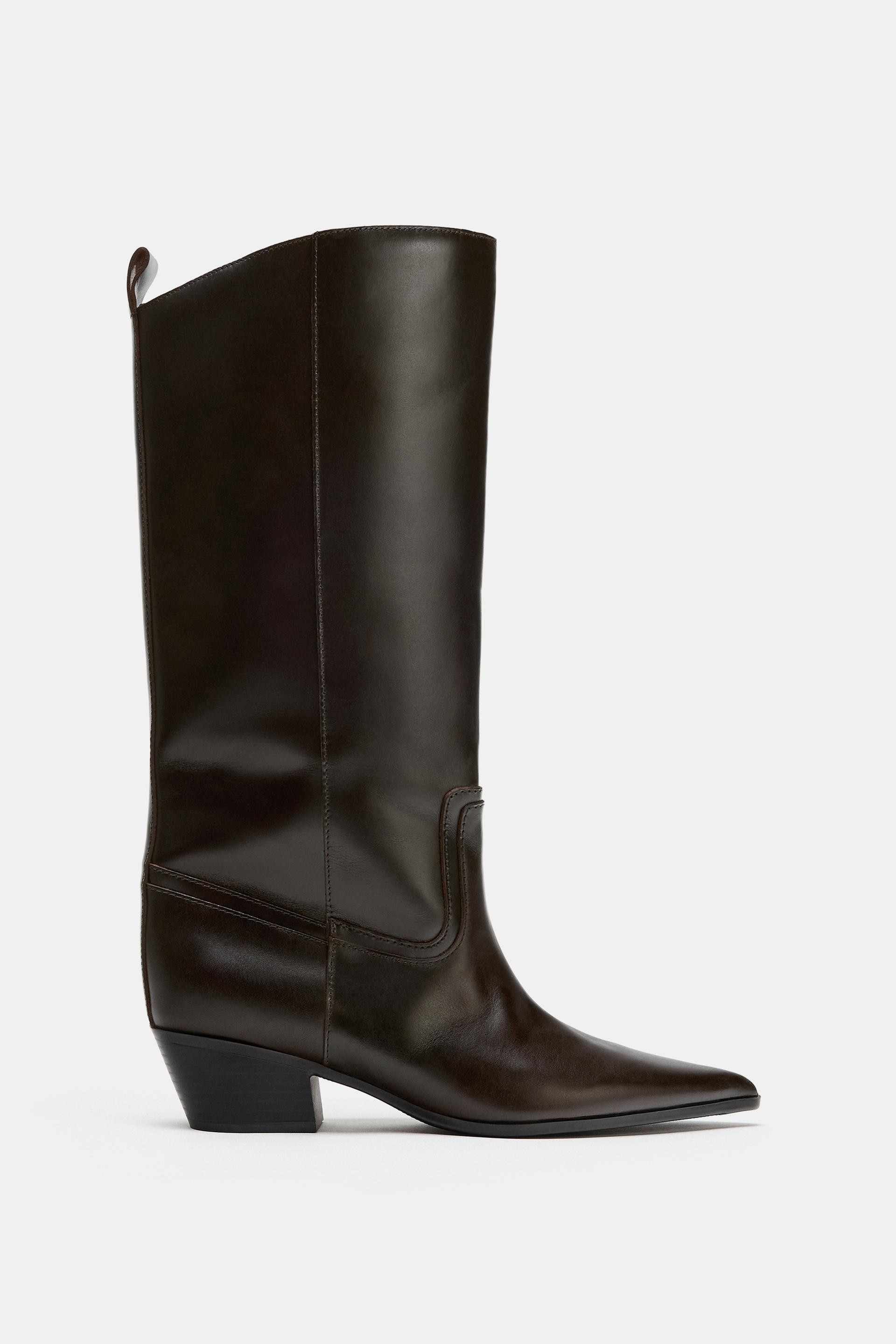 Zara - Leather Cowboy Heeled Boots - Brown - 9 - Woman | Zara US