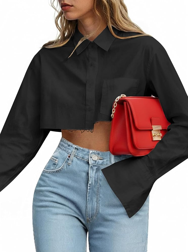 Remidoo Women's Casual Striped Cropped Button Down Shirt Long Sleeve Crop Top | Amazon (US)