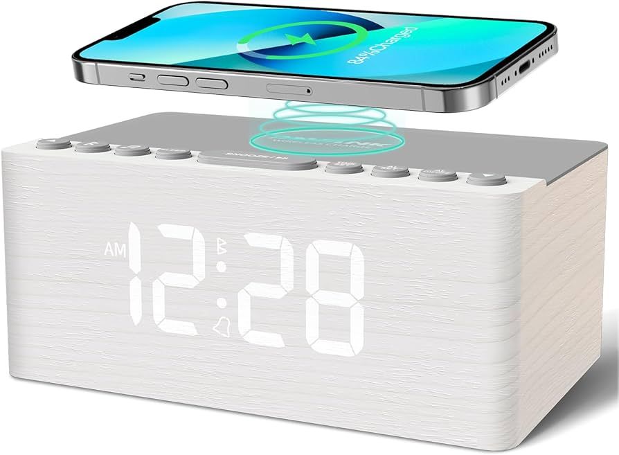 ANJANK Wooden Sound Machine Alarm Clock for Bedroom, Bluetooth Speaker, Wireless Charging Station... | Amazon (US)