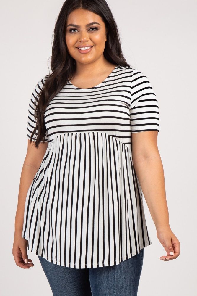 PinkBlush Black Striped Crisscross Peplum Plus Maternity Top | PinkBlush Maternity