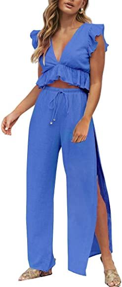 FANCYINN Womens 2 Pieces Outfits Deep V Neck Crop Top Side Slit Drawstring Wide Leg Pants Set Jumpsu | Amazon (US)