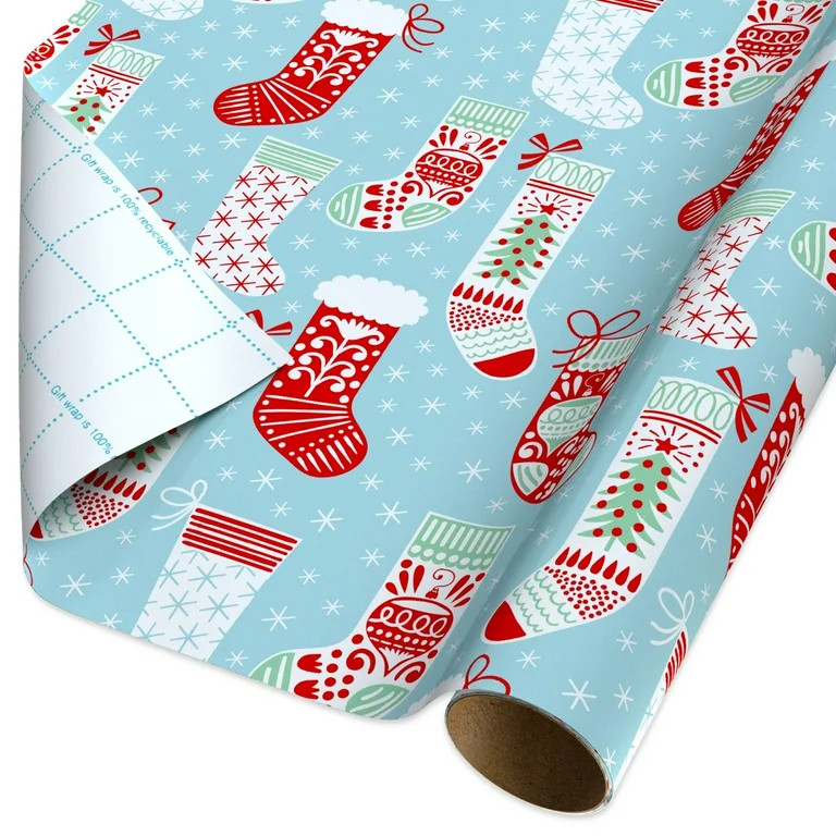 American Greetings 30 in. Blue Red and White Christmas Stockings Wrapping Paper with Cutlines (10... | Walmart (US)