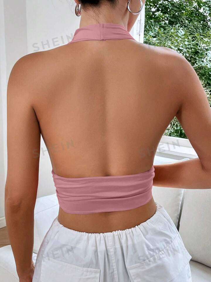 SHEIN EZwear Summer Solid Backless Crop Halter Top | SHEIN