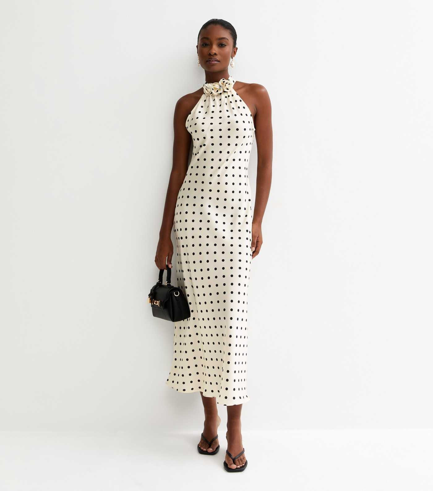 Cream Satin Polka Dot Floral Appliqued Halter Neck Midi Dress | New Look | New Look (UK)