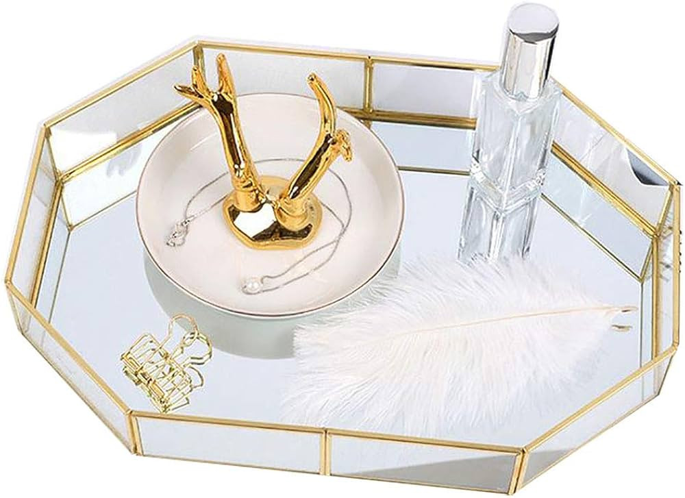 Mirror Gold Tray,Large Perfume Glass Tray Metal Makeup Decorative Tray Rectangle Mirrored Jewelry... | Amazon (US)