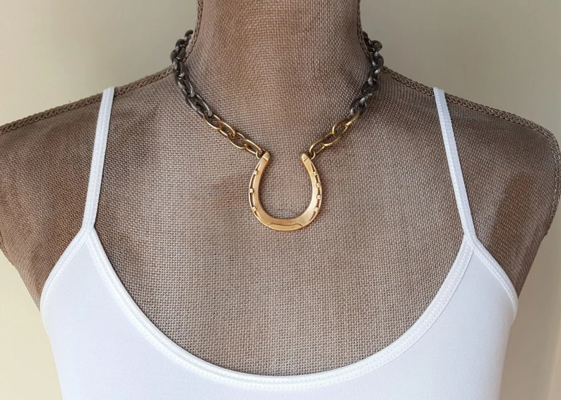 Oversized Horseshoe Necklace: Equestrian Jewelry, Gold & Gunmetal | Etsy (US)