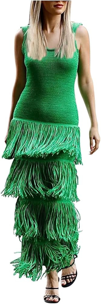 Womens Sleeveless Dresses for Women Boat Neck Maxi Long Fringe Crochet Tassel Plain Fall Summer D... | Amazon (US)