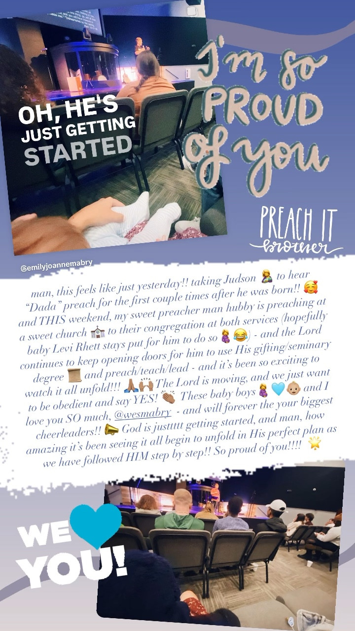 man, this feels like just yesterday!! taking Judson 🤱 to hear “Dada” preach for the first couple times after he was born!! 🥰 and THIS weekend, my sweet preacher man hubby is preaching at a sweet church ⛪️ to their congregation at both services (hopefully baby Levi Rhett stays put for him to do so🤰😂) - and the Lord continues to keep opening doors for him to use His gifting/seminary degree 📜 and preach/teach/lead - and it’s been so exciting to watch it all unfold!!! 🙏🏽🙌🏽 The Lord is moving, and we just want to be obedient and say YES! 👏🏽  These baby boys🤰🩵👶🏼 and I love you SO much, @wesmabry  - and will forever the your biggest cheerleaders!! 📣 God is justtttt getting started, and man, how amazing it’s been seeing it all begin to unfold in His perfect plan as we have followed HIM step by step!! So proud of you!!!!  🌟 