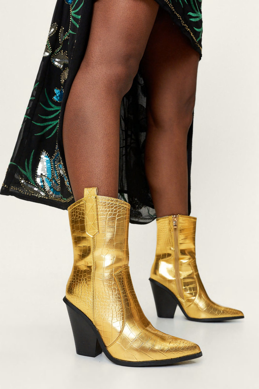 Metallic Croc Embossed Ankle Cowboy Boots | Nasty Gal (US)