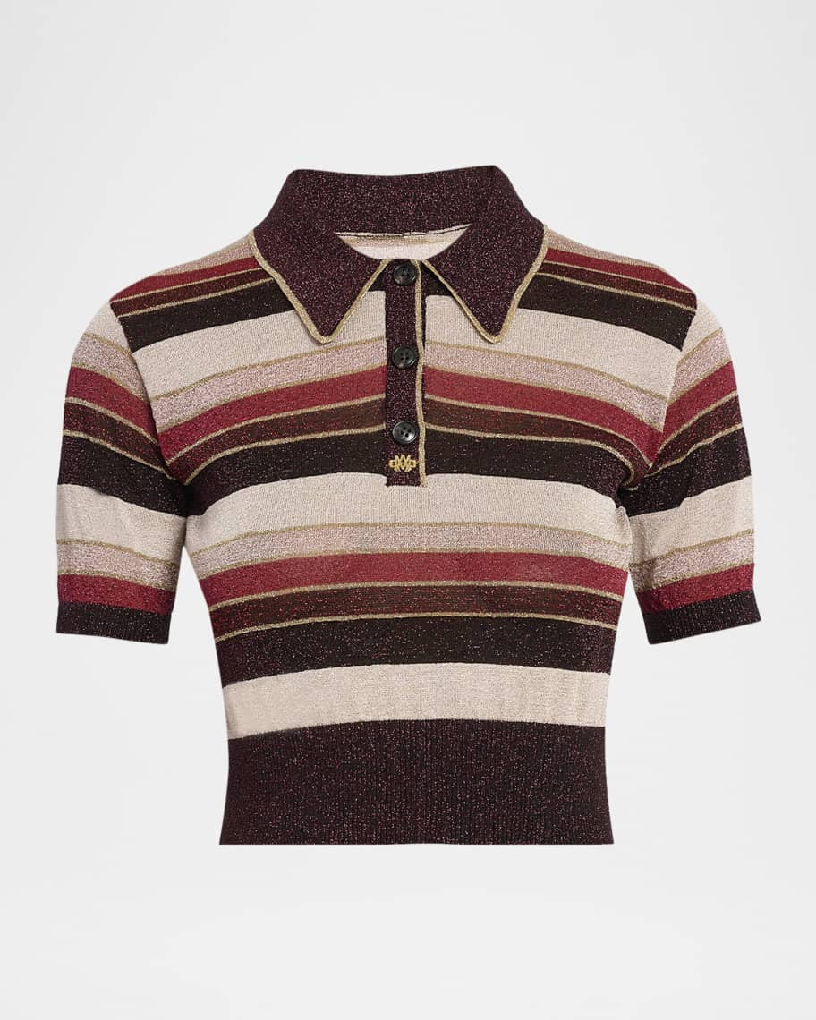 Amiri Metallic Striped Short-Sleeve Crop Polo Shirt | Neiman Marcus