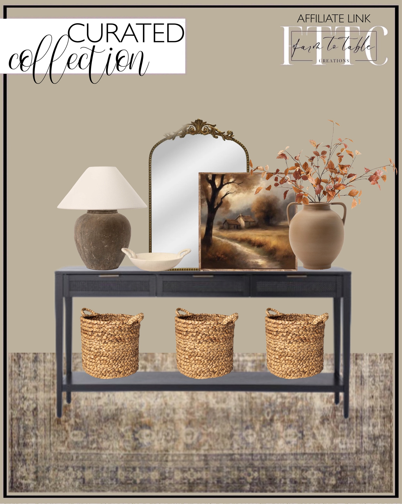 Curated Collection. Follow @farmtotablecreations on Instagram for more inspirational.

Amber Lewis Morgan Sunset /Ink. East Bluff Console Table. All Roads Lead To Home Canvas Artwork. Antique Finish Ceramic Bowl - Threshold. Montague Table Lamp. 20" x 30" Filigree Arch Metal Wall Mirror Decor in Gold. Woven Baskets. Rounded Dual Handled Vase. Faux Small Golden Leaf Branch. 

Halloween Decor | Porch Decor | Bedroom corner | Coffee Table Decor | Fall Decor | Fall Stem Sale | Target Finds | Skinny Bench | Bedroom | Living Room | Breakfast Nook | Amazon Home | Target Sale | Loloi Rugs | Magnolia Home | console table | console table styling | faux stems | entryway space | home decor finds | neutral decor | entryway decor | cozy home | affordable decor |  home decor | home inspiration | fall stems | fall console | spring vignette | fall decor | fall decorations | console styling | entryway rug | cozy moody home | moody decor | neutral home



#LTKSaleAlert #LTKHome #LTKFindsUnder50