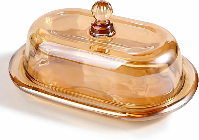 Champagne Vintage Glass Butter Dish with Lid for Countertop, Large Glass Butter Dish with Cover f... | Amazon (US)