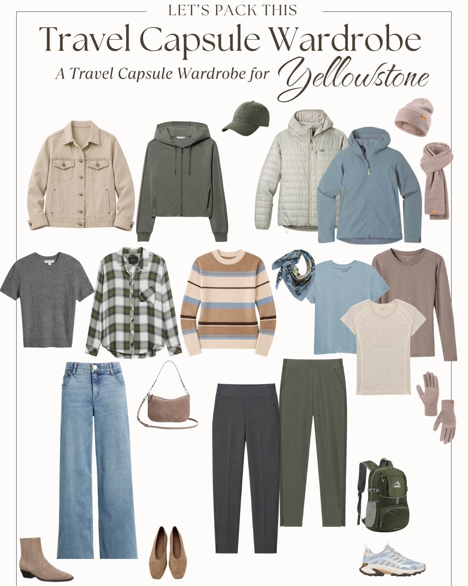 A September trip to Yellowstone!

Expect big temperature swings. September averages are roughly upper 60s by day and upper 30s at night, with daytime temperatures reaching the 70s, especially earlier in the month. Freezing mornings, rain, and even snow are possible, so layers are the key to this capsule.

The outfit formulas make getting dressed simple. Whether you’re hiking, exploring geyser basins and boardwalks, wildlife watching, or heading to a casual lodge dinner, you’ll have what you need.

Here’s your packing list:

6 tops — 3 technical tops for active days, plus a short-sleeve sweater, plaid shirt, and sweater for casual exploring and dinners.

3 bottoms — 2 lightweight hiking pants that are polished enough to rewear for casual dinners, plus jeans.

4 layers — a hoodie, lightweight down jacket, waterproof shell, and denim jacket cover everything from cold mornings to rain and casual evenings.

3 shoes — trail shoes for hiking and park days, a casual flat to dress up the hiking pants, and ankle boots with jeans.

Cold-weather extras — a beanie, lightweight gloves, and scarf for chilly mornings and evenings.

Day pack + baseball cap — for layers, water, snacks, and sun protection.

Accessories — a crossbody bag and bandanna scarf add a little fun to all those practical pieces.

The real trick with Yellowstone in September? Don’t pack one heavy coat. Pack layers you can add and shed as the temperature changes throughout the day.

Not headed to Yellowstone? Use the same outfit formulas for Grand Teton, Glacier, or Rocky Mountain National Park with adjustments for the forecast. For warmer parks like Yosemite, Zion, or the Grand Canyon, lighten up the layers and add more warm-weather pieces.

Same formulas. Different layers. Always check your park’s forecast right before you pack.

#LTKOver40 #LTKTravel