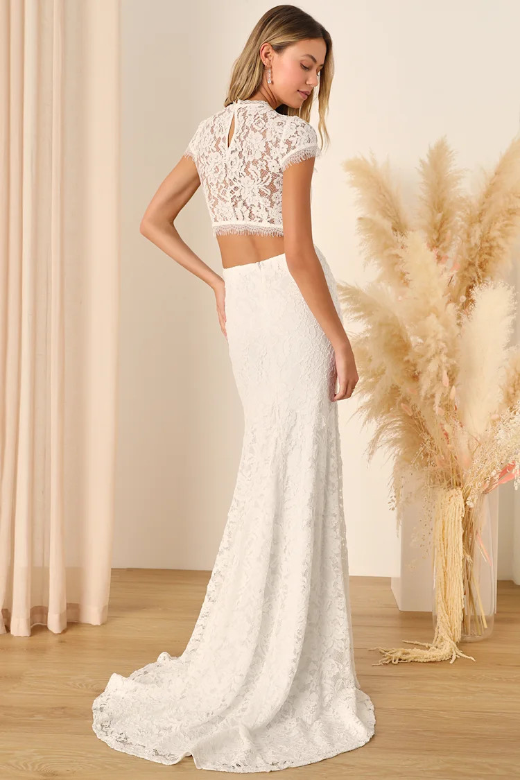 Devoted to Bliss White Lace Cap Sleeve Cutout Trumpet Maxi Dress | Lulus