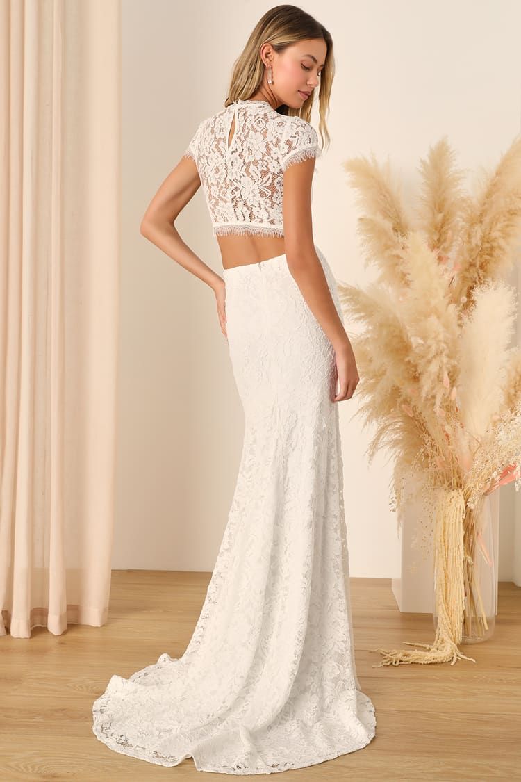 Devoted to Bliss White Lace Cap Sleeve Cutout Trumpet Maxi Dress | Lulus