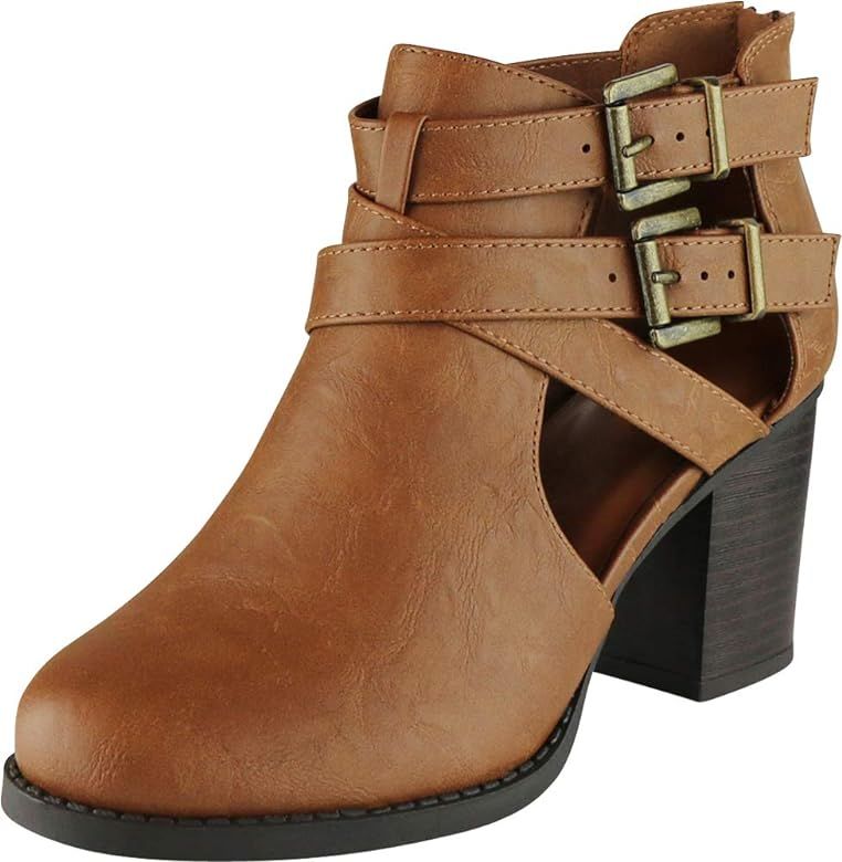Women's Buckle Side Cut Out Chunky Stacked Heel Ankle Bootie | Amazon (US)