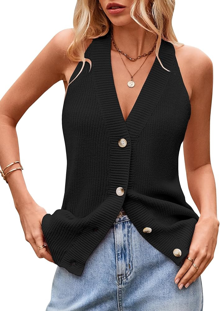 Sumtory Women Sweater Vest Button Down V Neck Knit Tank Top Sleeveless Cardigans | Amazon (US)