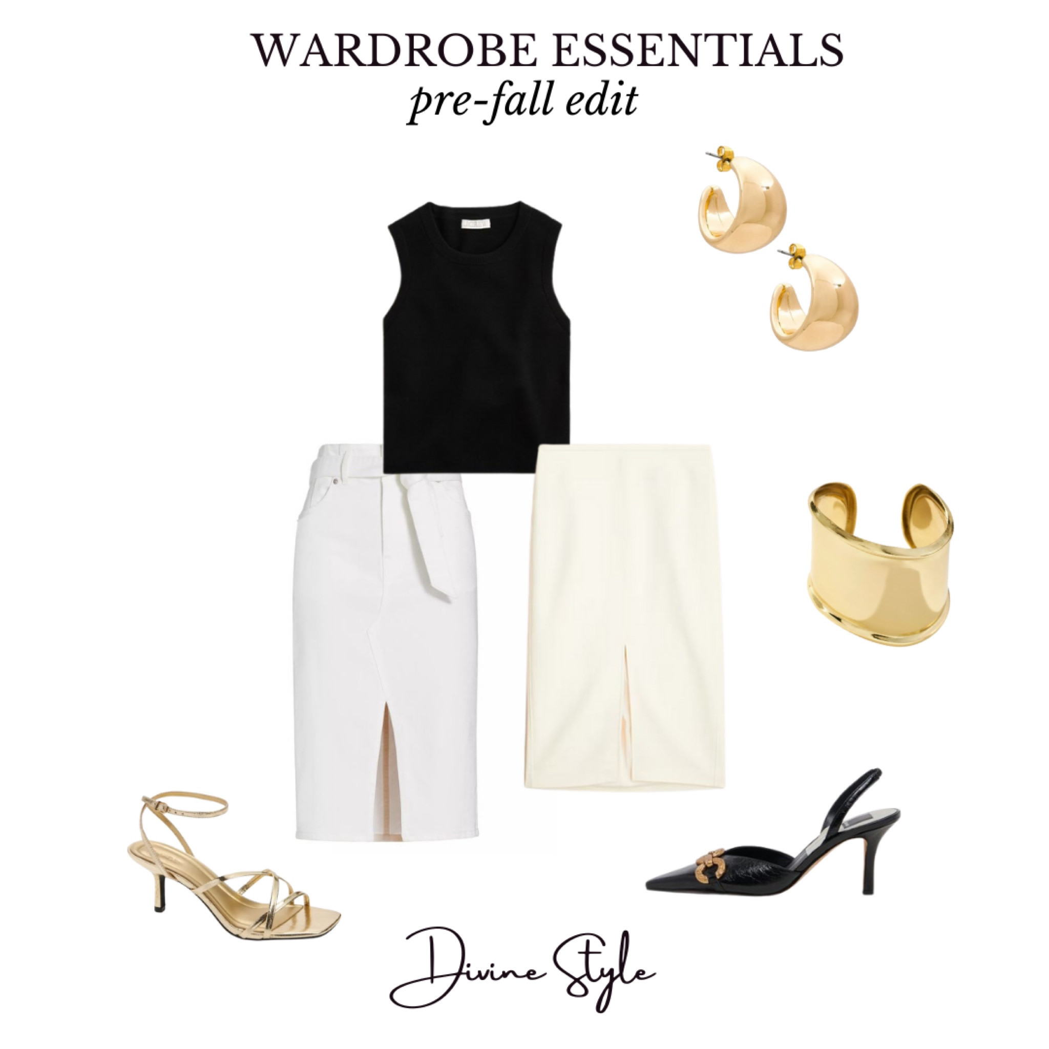 Wear now and later pre-fall outfit. A white denim skirt with a black sweater top and sandals that you can layer with a jacket or jean jacket later. Wear this to work with a white pencil skirt and sling back heels. Classic and chic.

#LTKFindsUnder100 #LTKShoeCrush #LTKWorkwear