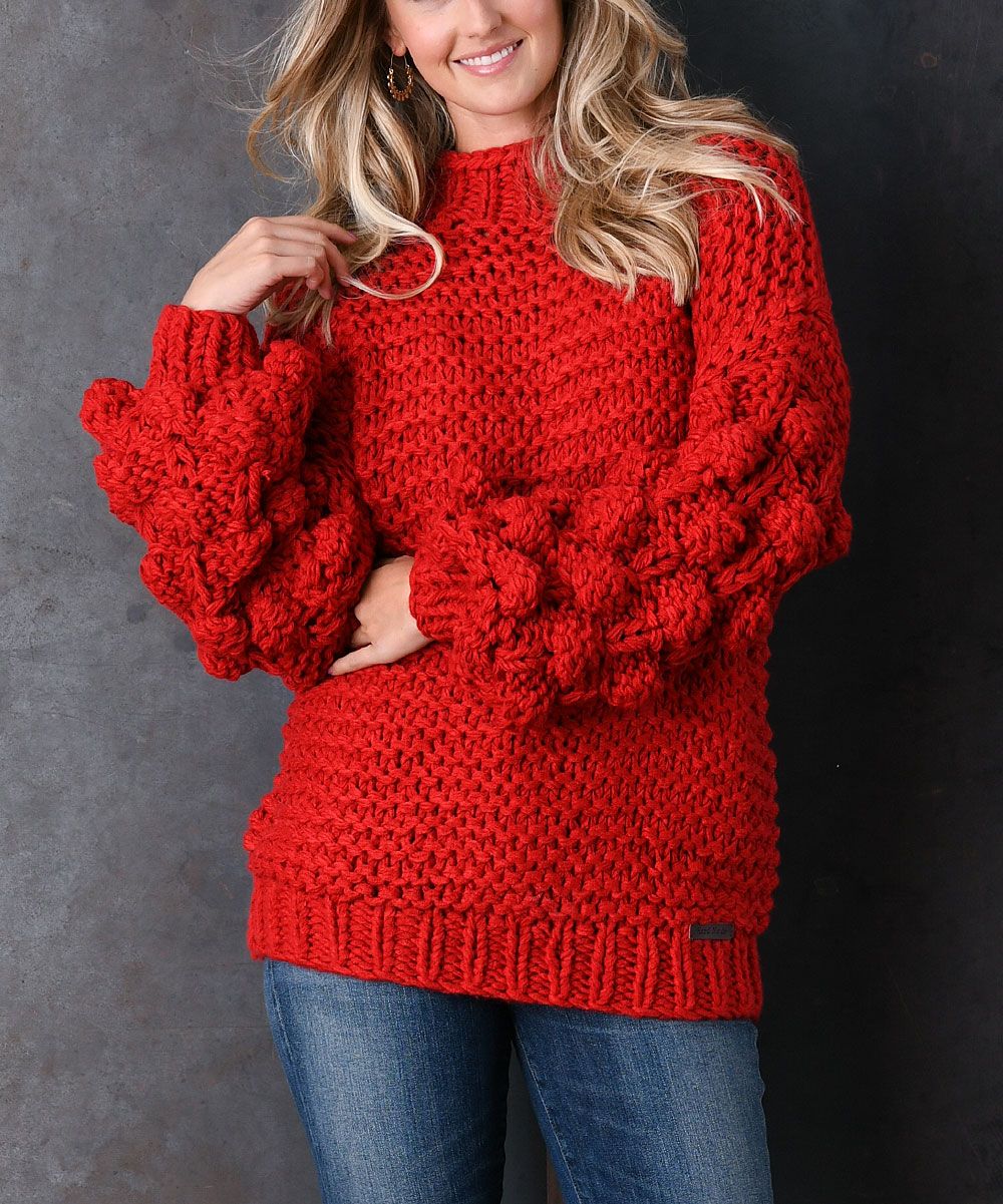 Red Chunky-Knit Puff-Sleeve Sweater - Women | zulily