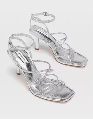 Stradivarius strappy heeled sandal with squared toe in silver | ASOS (Global)