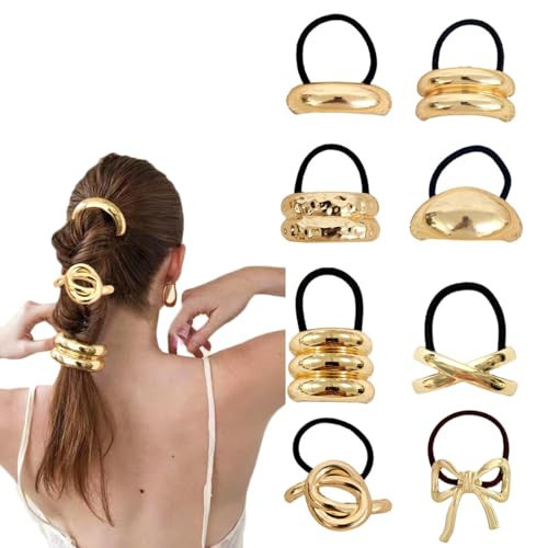 8pc Gold Hair Ties Metal, Women Gold Hair Cuff Wrap for Ponytails Braids, Gold Hair Elastic Retro Pony Hair Band Arch Shape Bow Gold Hair Accessories for Thick Straight Curly Hair | Amazon (US)