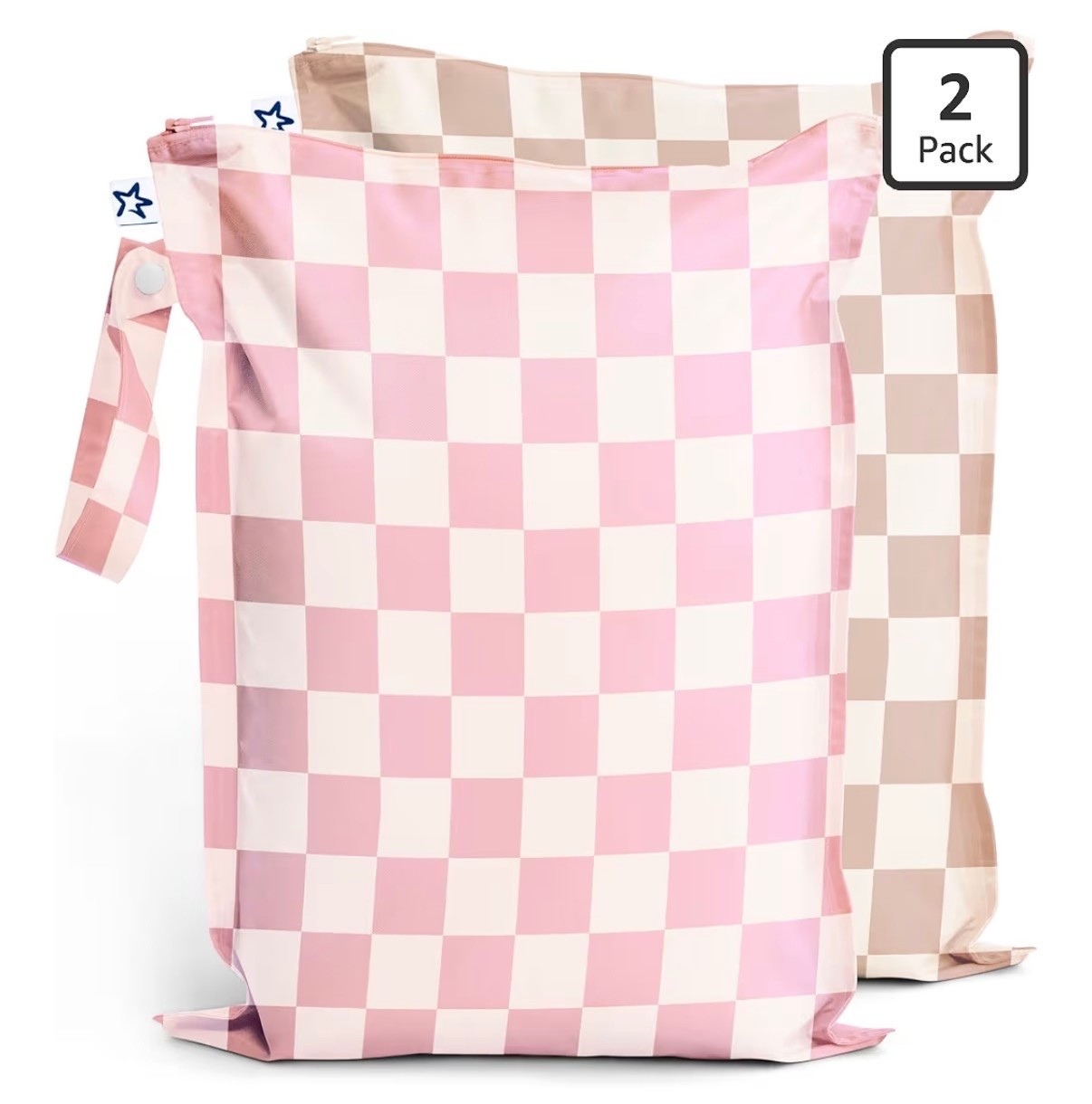 Tiny Twinkle Mess Proof Wet Bags | 2-Pack Reusable Waterproof Wet Bags for Swimsuits | Baby Clothes | Travel & Diaper Bag (Pink, Brown Checkers)

Beach or travel must have 
Pool must have 
Summer travel must have