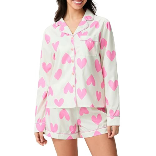 Argeousgor Valentine'S Day Pajamas for Women Cute Silk Satin Preppy Pjs Set Y2k Heart Print Button Up Shirt+Shorts 2 Pieces Lounge Set Sleepwear Loungewear S | Amazon (US)