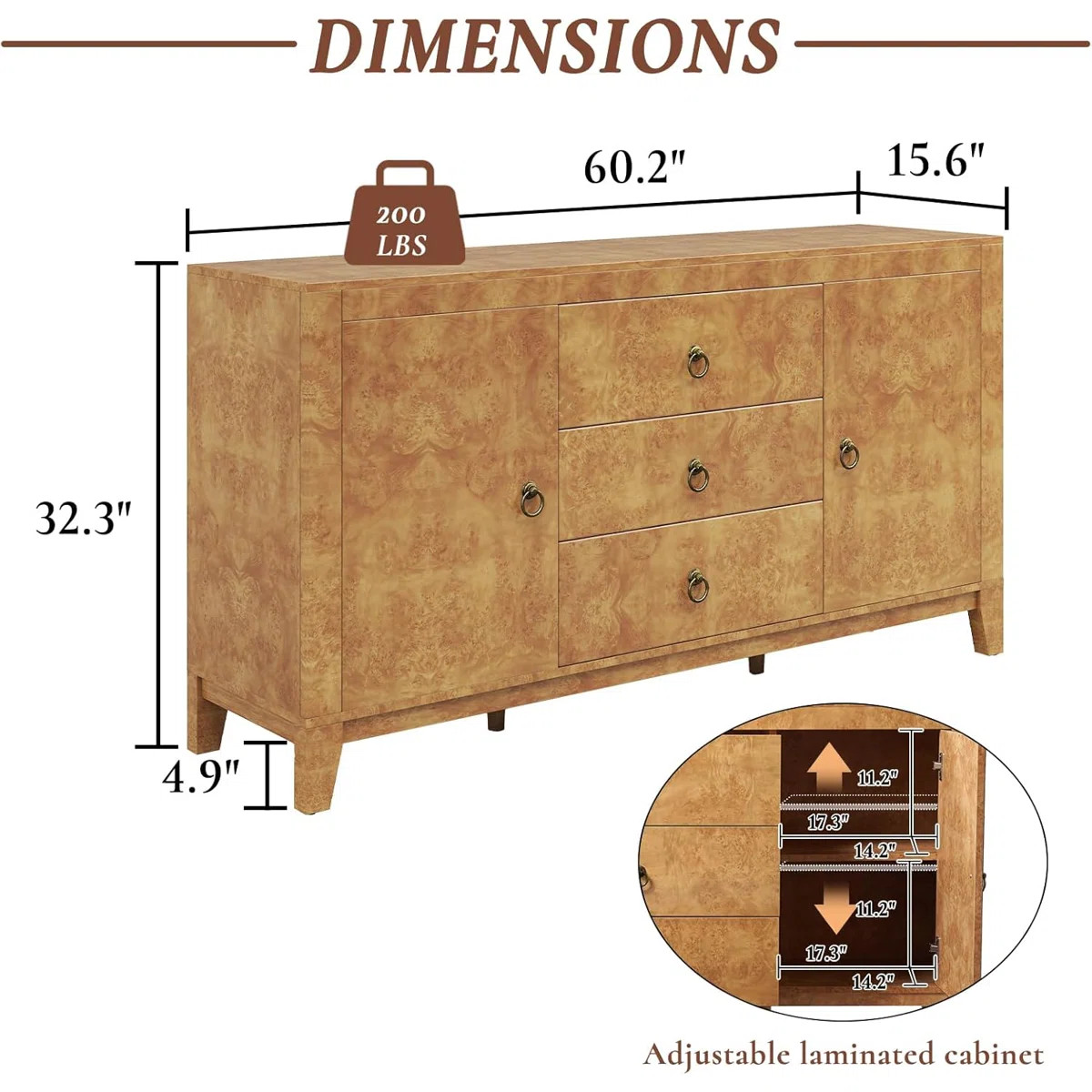 Dorne 60" Modern High Gloss Burl Sideboard with Adjustable Shelves, Yellow | Wayfair North America