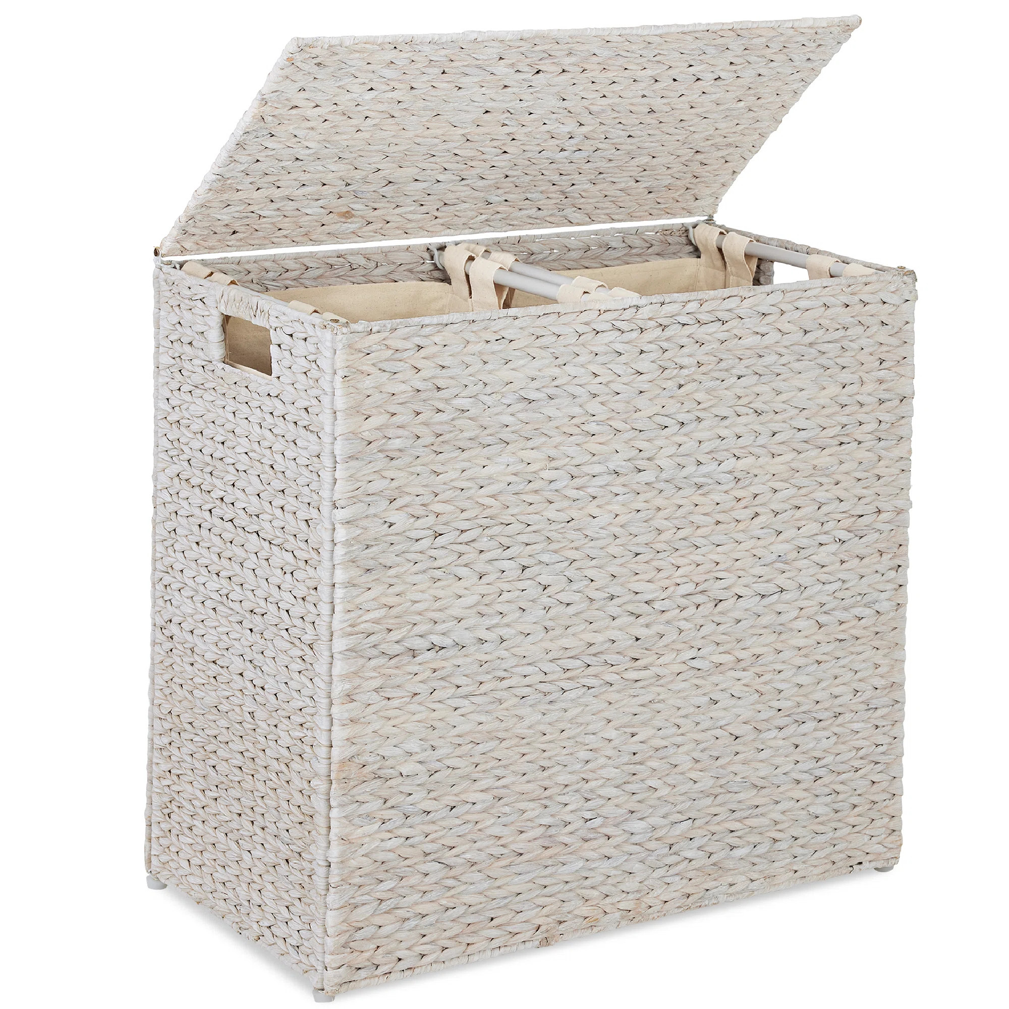 Large Natural Water Hyacinth Double Laundry Hamper Basket W/ 2 Liner Bags, Handles - White | Wayfair North America