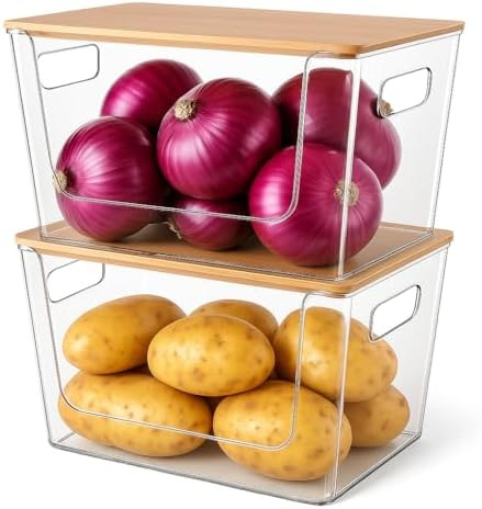 2 Set Pantry Organizers and Storage - Clear Stackable Bins with Bamboo Lid for Fruit, Onion, Pota... | Amazon (US)