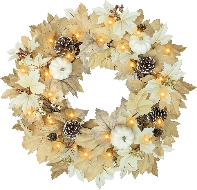 Fall Wreath with Lights 22 Inch - Artificial Pumpkin Maple Leaves Wreath Used Autumn Thanksgiving... | Amazon (US)