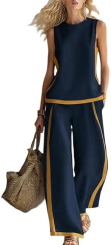 Apvirdy Women's Vintage Color Block Two Piece Outfit Crew Neck Sleeveless Solid Top High Waist Ca... | Amazon (US)