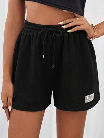 SHEIN Drawstring Waist Patched Detail Shorts | SHEIN