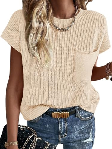 Imily Bela Summer Fall Short Sleeve Sweater for Women 2025 Crew Neck Ribbed Knit Vests Trendy Pullover Tops Beige | Amazon (US)