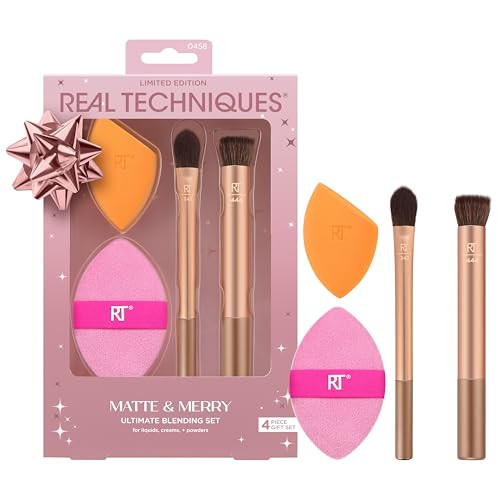 Real Techniques Matte & Merry Ultimate Blending 4 Piece Holiday Gift Set, Foundation Makeup Sponge, Dual-Sided Powder Puff, & 2 Makeup Brushes, Kitten Paw Brush, Stocking Stuffer, Limited Edition | Amazon (US)